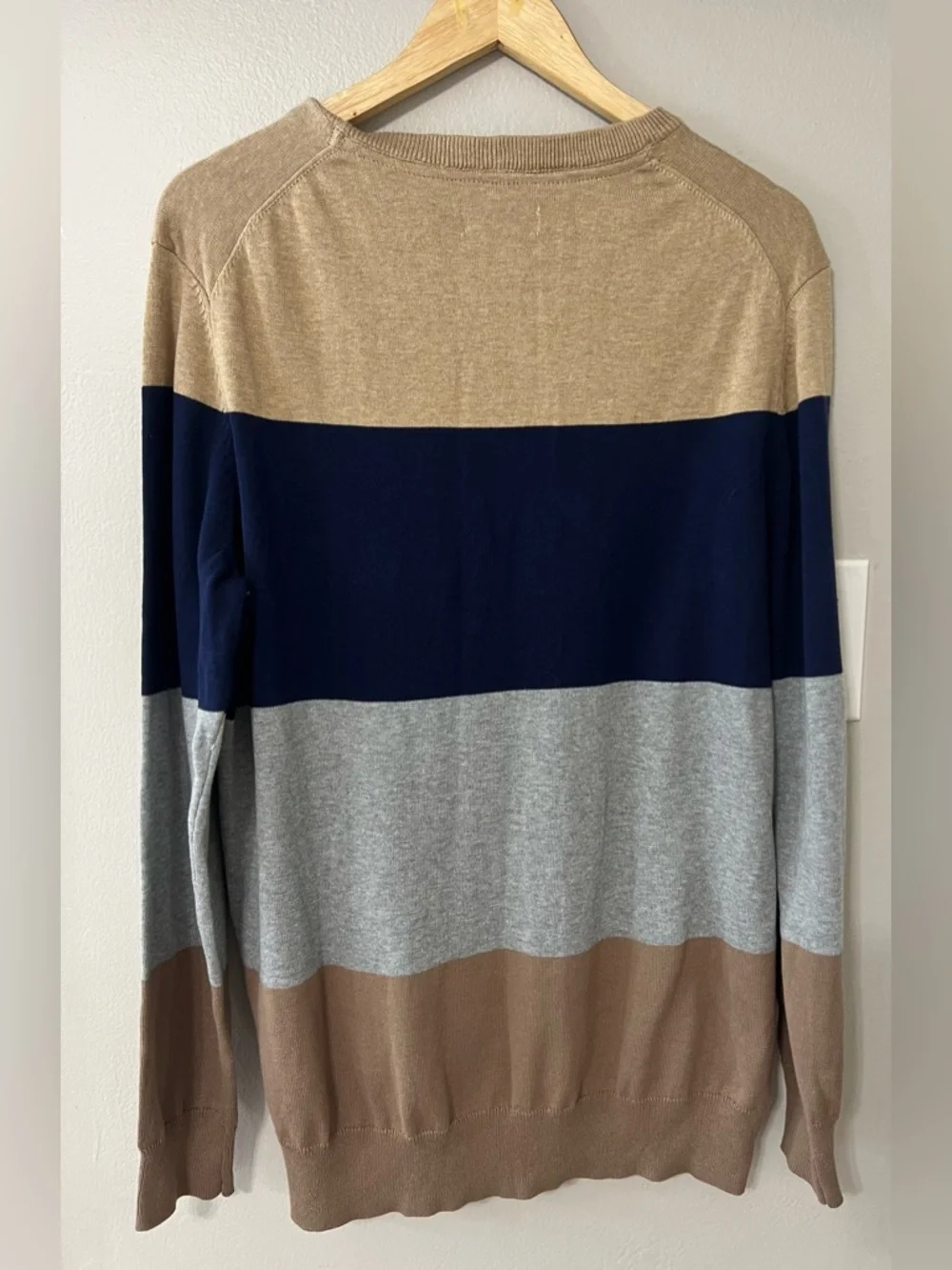 Club Room Colorblock Cotton Sweater Mens Large Beige Blue Gray Crew Neck NWT